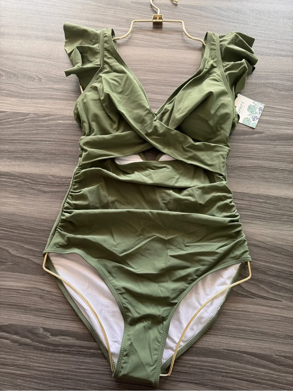 Women’s Olive Green Ruffle-Shoulder One-Piece Swimsuit by